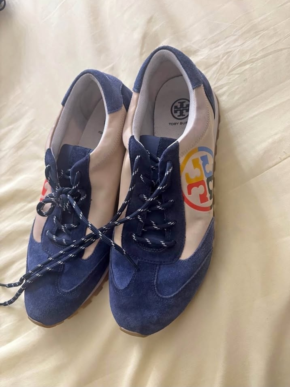 Tory Burch Navy Suede and Cream Logo Lace-Up Sneakers with Multicolor Emblem